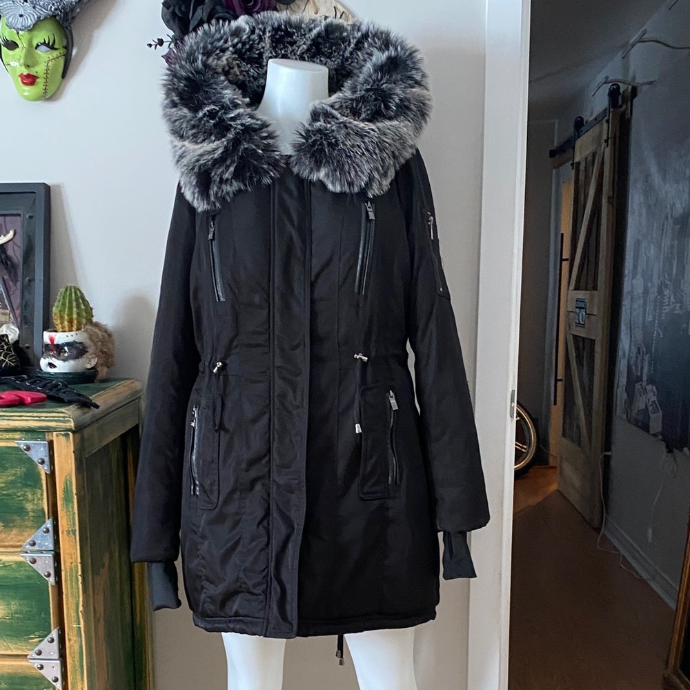 Steve Madden Dark Puffer Jacket with Faux Fur Trim